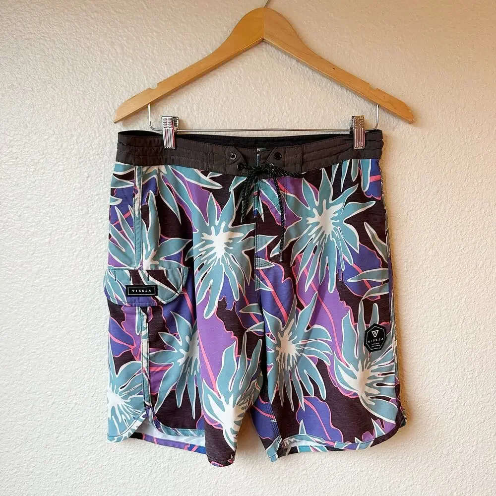 Vissla Lucid 4 Way Stretch Boardshorts Floral Swim Trunks Purple Blue Mens 31